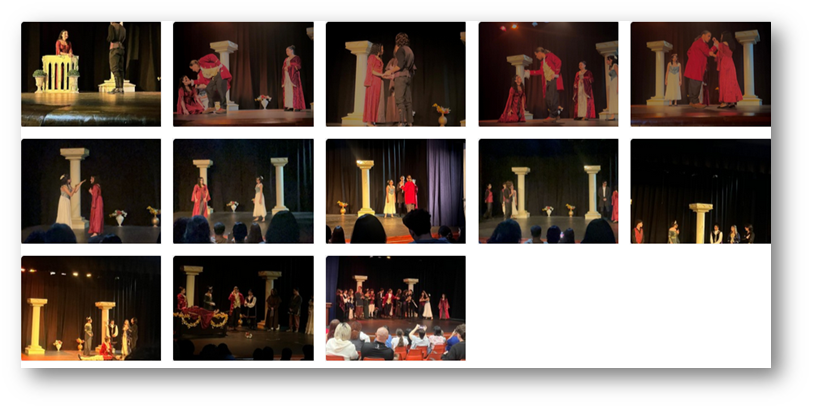 Collage de 13 imágenes que documentan escenas de una representación estudiantil de Romeo y Julieta. Los actores visten trajes de época y actúan en un escenario con columnas blancas y cortinas negras. Se observan momentos románticos, dramáticos y el saludo final al público.