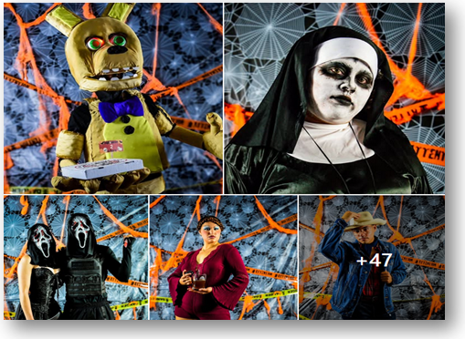 Collage de fotos del concurso “Scary Con Costume Contest” en UPRA, con personas disfrazadas de personajes de terror y fantasía como Springtrap, Ghostface, una monja demoníaca y más. El fondo está decorado con telarañas y cintas naranjas de precaución.