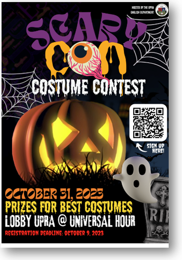 Cartel con estética de Halloween promociona el “Scary Con Costume Contest” de UPRA. Destaca una calabaza iluminada, un fantasma y un código QR para registrarse. El evento será el 31 de octubre de 2023 en el vestíbulo de UPRA, con premios para los mejores disfraces.