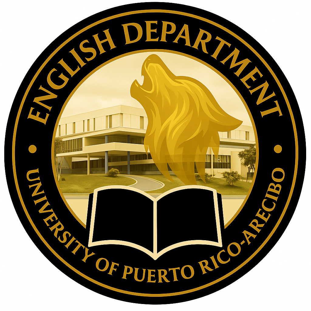Logo circular en negro y dorado del Departamento de Inglés de la Universidad de Puerto Rico en Arecibo, con un león rugiendo, un edificio moderno de fondo y un libro abierto en el centro inferior.