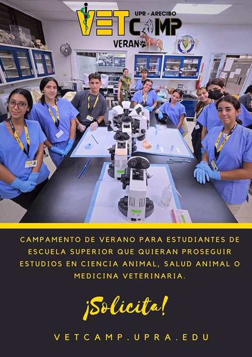 VetCamp-2024-13 Cartel promocional del campamento VetCamp de la UPR en Arecibo, con una foto de jóvenes en un laboratorio rodeados de microscopios, e información para estudiantes interesados en veterinaria. Incluye el llamado “¡Solicita!” y el enlace vetcamp.upra.edu.